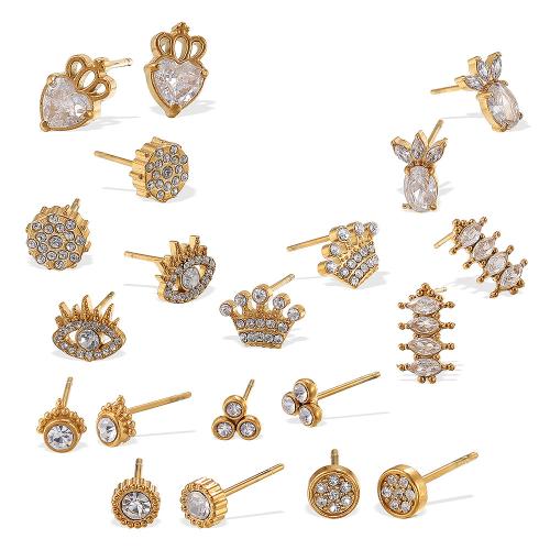 clou d'oreille en acier inoxydable avec stras, Acier inoxydable 304, Placage, styles différents pour le choix & pour femme & avec strass, doré, Vendu par PC