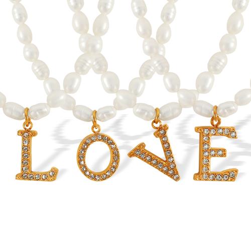 Природное пресноводное жемчужное ожерелье, Нержавеющая сталь 304, с Пресноводные жемчуги, с 7cm наполнитель цепи, Другое покрытие, различные модели для выбора & Женский & со стразами, белый, длина:35 см, продается PC[