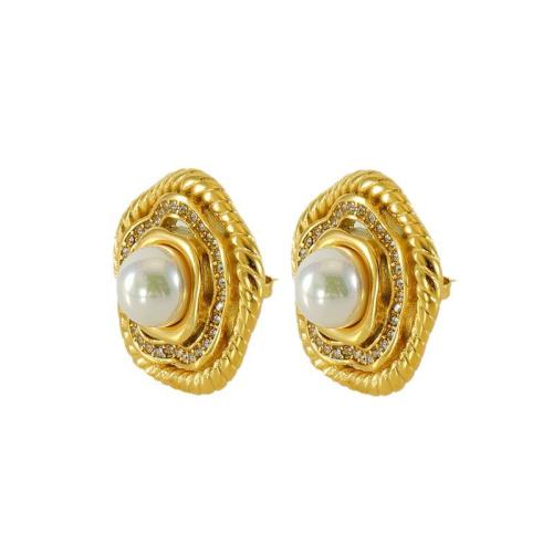 Boucle en acier inoxydable zircons cubiques, Acier inoxydable 304, avec perle de plastique, étoile, Plaqué or 18K, bijoux de mode & pavé de micro zircon & pour femme, Vendu par paire