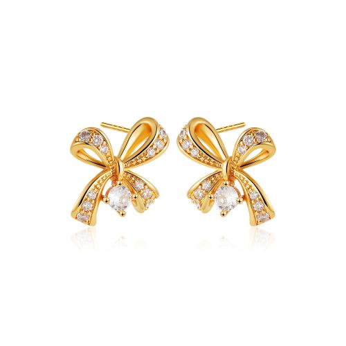 Boucles d'oreilles en laiton zircon cubique pavent, Noeud papillon, Plaqué or 18K, pavé de micro zircon & pour femme & creux, Vendu par paire