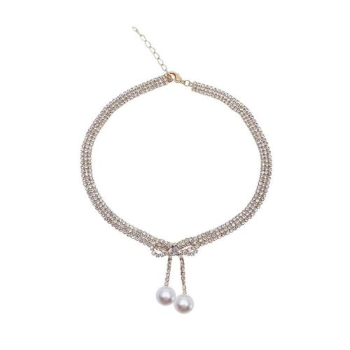 Zink Legierung Straßkette, Zinklegierung, mit Kunststoff Perlen, mit Verlängerungskettchen von 7cm, Modeschmuck & für Frau & mit Strass, goldfarben, Länge:ca. 33 cm, verkauft von PC