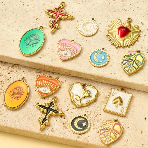 Titanium Steel Pendants, gold color plated, DIY & micro pave cubic zirconia & enamel 