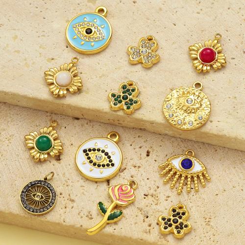 Titanium Steel Pendants, with Natural Stone, gold color plated, DIY & micro pave cubic zirconia & enamel 