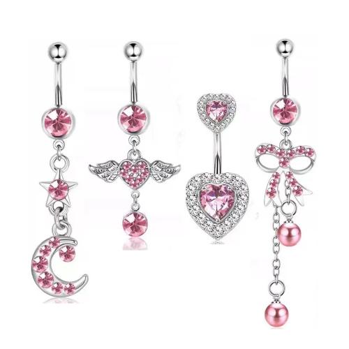 Zinklegierung Bauchnabelpiercing, mit Kunststoff Perlen, plattiert, unisex & verschiedene Stile für Wahl & mit Strass, belly ring length 20-50mm, verkauft von PC