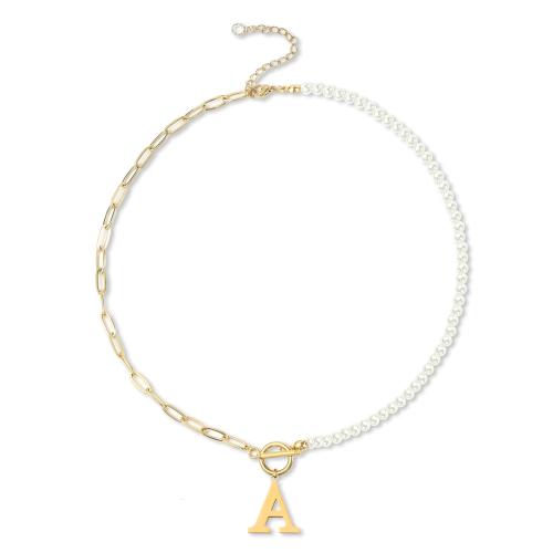 acero inoxidable 304 collar, con Perlas plásticas, Carta del alfabeto, chapado en color dorado, diferentes estilos para la opción & para mujer, longitud:aproximado 16-20 Inch, Vendido por UD