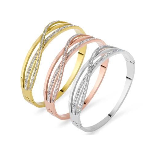 Titanium Steel Bangle, plated, multilayer & for woman & with rhinestone & hollow Inner Approx 60mm 