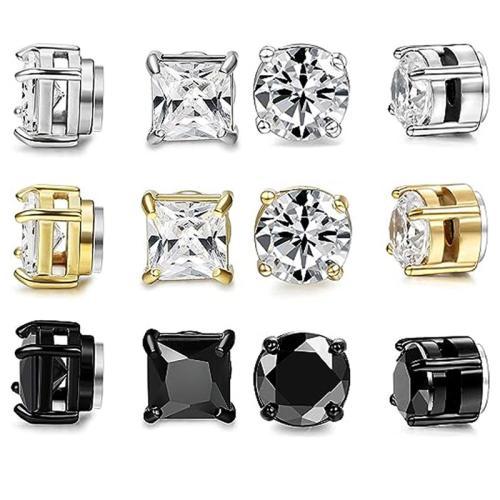 304 Stainless Steel Magnetic Stud Earring, plated, Unisex & micro pave cubic zirconia, 8mm 
