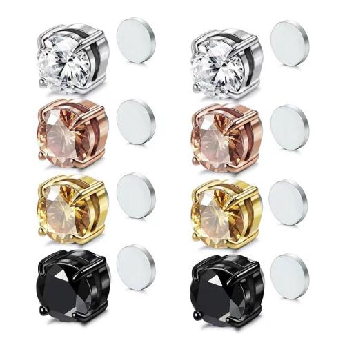 304 Stainless Steel Magnetic Stud Earring, Round, plated, Unisex & micro pave cubic zirconia 