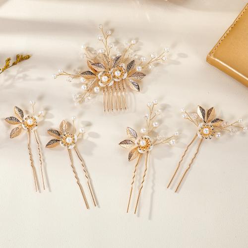 Zinc Alloy Hair Jewelry Set, with brass wire & Polymer Clay & Crystal & Plastic Pearl, handmade, 5 pieces & fashion jewelry & for woman, golden 
