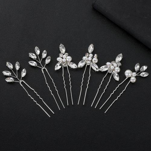 Zinc Alloy Hair Stick, with brass wire & Crystal & Plastic Pearl, handmade, 6 pieces & fashion jewelry & for woman, silver color 