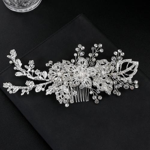Decorative Hair Combs, Zinc Alloy, with brass wire & Crystal & Plastic Pearl, handmade, fashion jewelry & for woman & with rhinestone, silver color 