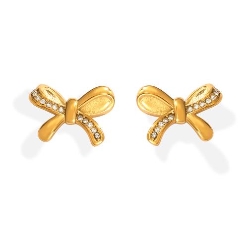 Boucles d'oreilles en acier titane, Noeud papillon, Placage, bijoux de mode & pour femme & avec strass, doré, Vendu par paire