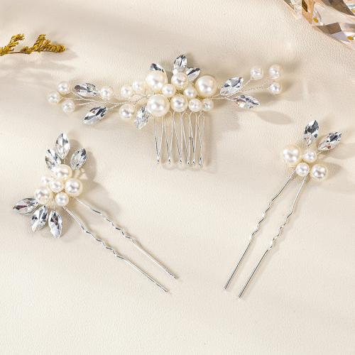 Zinc Alloy Hair Jewelry Set, with brass wire & Crystal & Plastic Pearl, handmade, three pieces & fashion jewelry & for woman, silver color 
