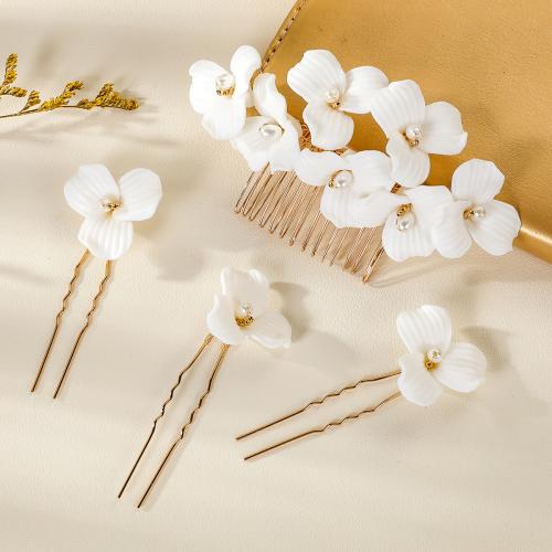 Zinc Alloy Hair Jewelry Set, with brass wire & Polymer Clay & Plastic Pearl, handmade, fashion jewelry & for woman, golden 