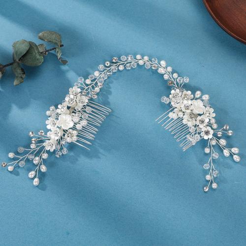 Decorative Hair Combs, Zinc Alloy, with brass wire & Polymer Clay & Crystal & Plastic Pearl, handmade, fashion jewelry & for woman, silver color 