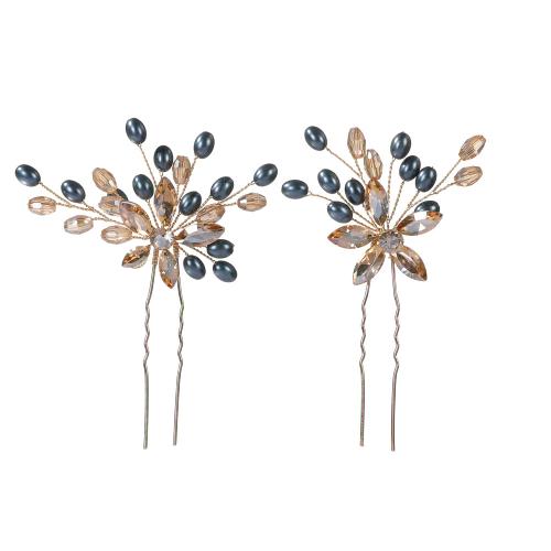 Zinc Alloy Hair Stick, with brass wire & Crystal & Plastic Pearl, handmade, 2 pieces & fashion jewelry & for woman, golden 