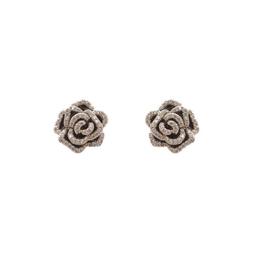 alliage de zinc boucle d oreille dormeuse, fleur, Placage de couleur d'or, pour femme & avec strass Vendu par paire