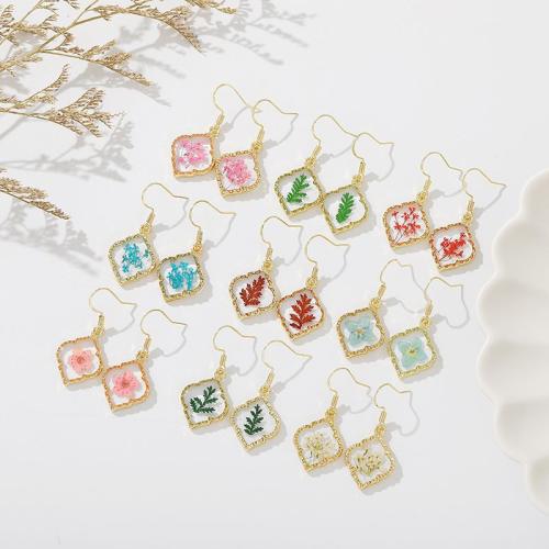 Plástico Pendientes con Colgantes, con Flores secas & aleación de zinc, Patrón Geométrico, engomada de gota, Joyería & para mujer, más colores para la opción, 18x30mm, Vendido por Par