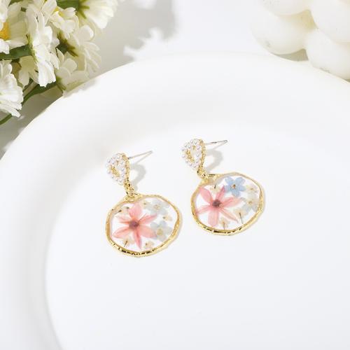 Resin Drop Earring, with Dried Flower & Zinc Alloy, Flat Round, fashion jewelry & transparent & for woman, 30mm 