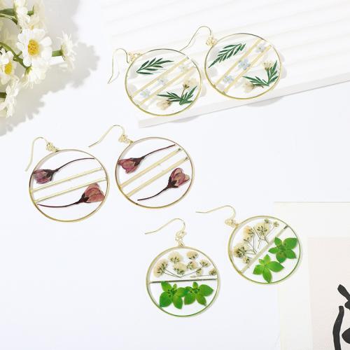 Resin Drop Earring, with Dried Flower & Zinc Alloy, Flat Round & for woman, 30mm 