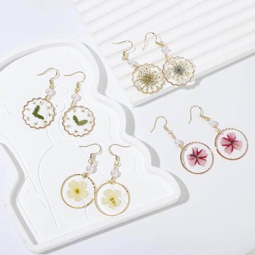 Resin Drop Earring, with Dried Flower & Zinc Alloy, Flat Round, fashion jewelry & for woman 