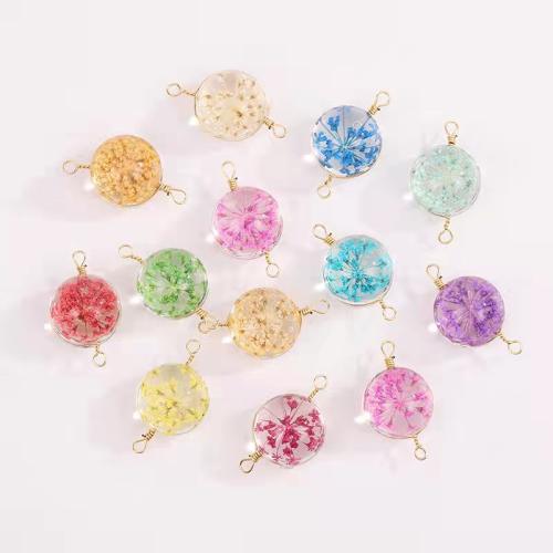 Glass Connector, with Dried Flower & Zinc Alloy, Round, random style & DIY, mixed colors, 16mm 