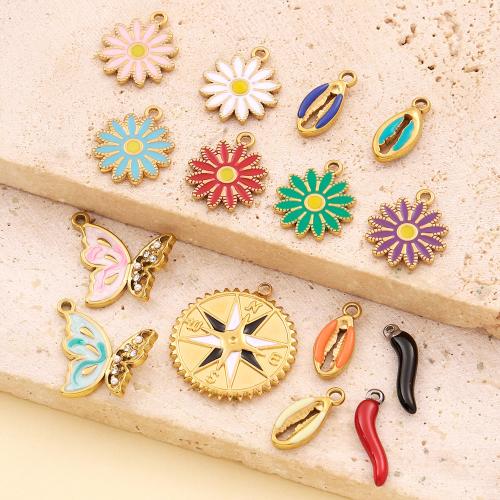 Stainless Steel Pendants, 304 Stainless Steel, gold color plated, DIY & enamel & with rhinestone 