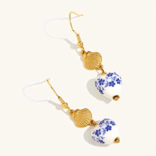 Stainless Steel Drop Earring, 304 Stainless Steel, with Shell, Heart, gold color plated, for woman 