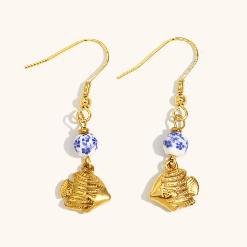 Stainless Steel Drop Earring, 304 Stainless Steel, with Shell, Fish, gold color plated, for woman 