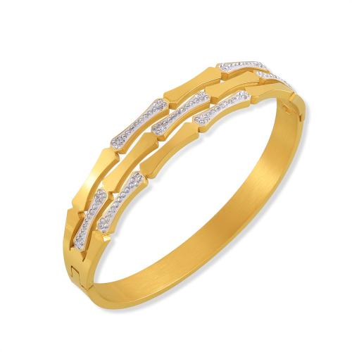 Stainless Steel Bangle, Titanium Steel, gold color plated, for woman & with rhinestone & hollow 