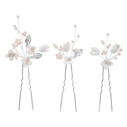 Hair Stick, Zinc Alloy, with brass wire & Polymer Clay & Plastic Pearl, handmade, three pieces & fashion jewelry & for woman, silver color 