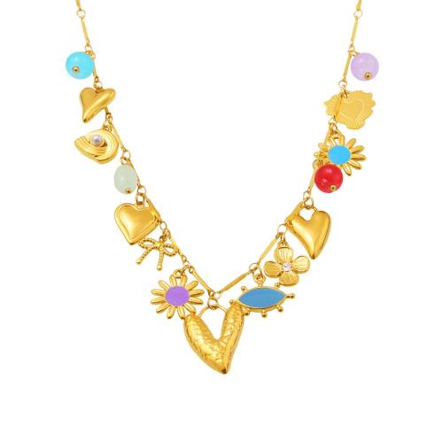 Cubic Zirconia Stainless Steel Necklace, 304 Stainless Steel, with Natural Stone & Shell Pearl & Cubic Zirconia, 18K gold plated & for woman & enamel 
