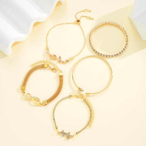 Stainless Steel Chain Bracelets, Zinc Alloy, with Crystal, plated, 5 pieces & fashion jewelry & for woman, golden 