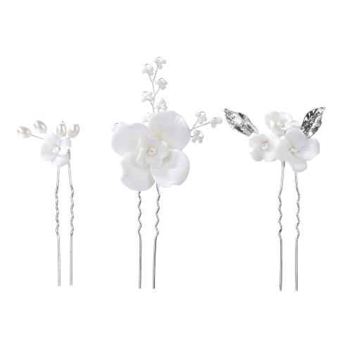 Hair Stick, Zinc Alloy, with Seedbead & brass wire & Polymer Clay & Plastic Pearl, handmade, three pieces & fashion jewelry & for woman, silver color 