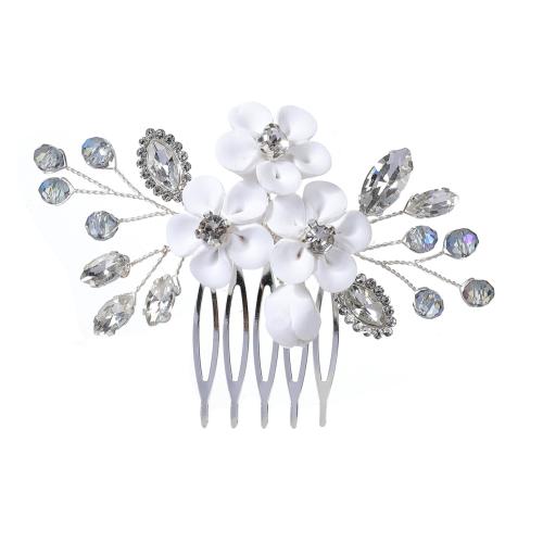 Bridal Decorative Hair Comb, Zinc Alloy, with brass wire & Polymer Clay & Crystal & Rhinestone, handmade, fashion jewelry & for woman, silver color 