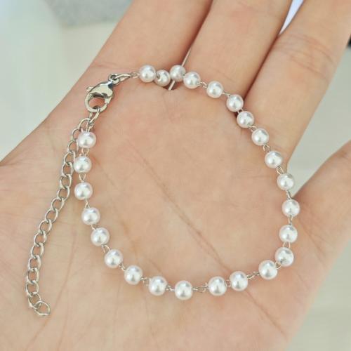 Stainless Steel Chain Necklace, 304 Stainless Steel, with Plastic Pearl, gold color plated, fashion jewelry, silver color 