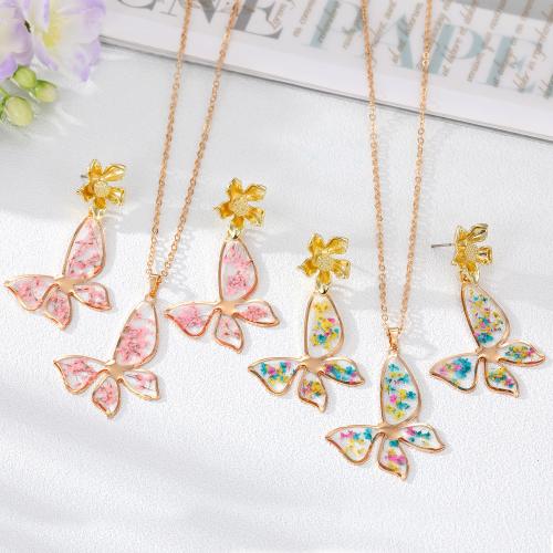 alliage de zinc parure de bijoux, avec résine, papillon, Placage de couleur d'or, styles différents pour le choix & pour femme, necklace length 18inch, earring size Vendu par PC