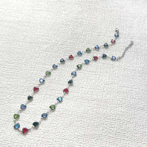 Collier en acier inoxydable Zircon, Acier inoxydable 304, Placage de couleur argentée, bijoux de mode & pavé de micro zircon, argent, Vendu par PC