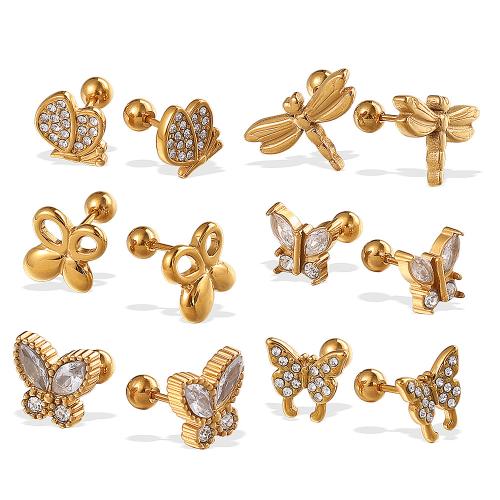 Stainless Steel Rhinestone Stud Earring, 304 Stainless Steel, 18K gold plated & for woman & with rhinestone 