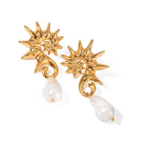 Boucle d'oreille goutte inox, Acier inoxydable 304, avec perle de plastique, hippocampe, Plaqué or 18K, bijoux de mode & pour femme & creux, Vendu par paire