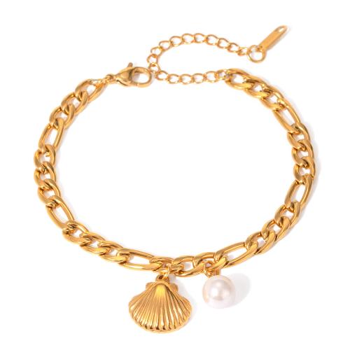 Stainless Steel Charm Bracelet, 304 Stainless Steel, with Shell Pearl, with 5cm extender chain, 18K gold plated, fashion jewelry & for woman .5 cm 