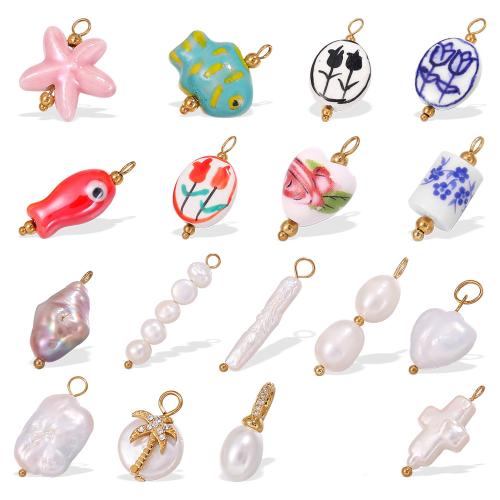 pendentif en inox de perles d'eau douce, Acier inoxydable 304, avec porcelaine, Plaqué or 18K, DIY & styles différents pour le choix, plus de couleurs à choisir, Vendu par PC