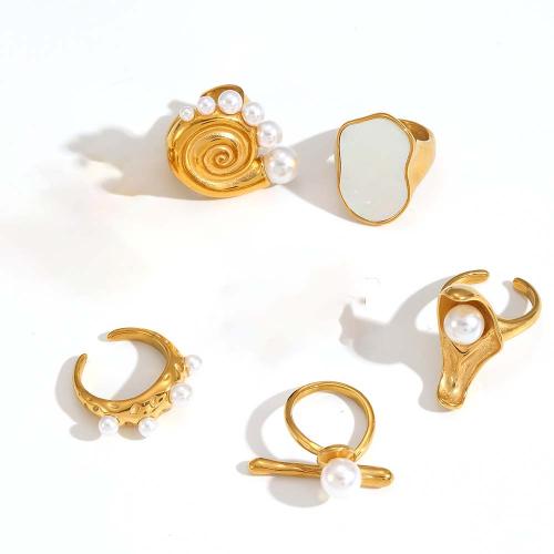 Titanium Steel Finger Ring, with Plastic Pearl, plated, fashion jewelry & for woman 