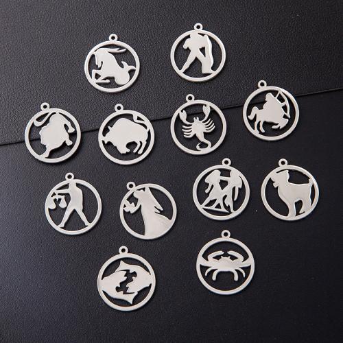 Pendentif en acier inoxydable de constellation, Acier inoxydable 304, 12 Signes du Zodiaque, Placage de couleur argentée, DIY, argent Vendu par sac
