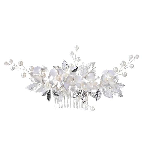 Décoratif Peigne nuptiale de cheveux, alliage de zinc, avec fil en laiton & plastique & perle de plastique, fait à la main, bijoux de mode & pour femme, argent Vendu par PC