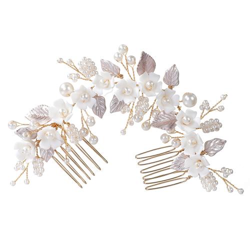 Décoratif Peigne nuptiale de cheveux, alliage de zinc, avec fil en laiton & argile de polymère & perle de plastique, fait à la main, bijoux de mode & pour femme, doré Vendu par PC