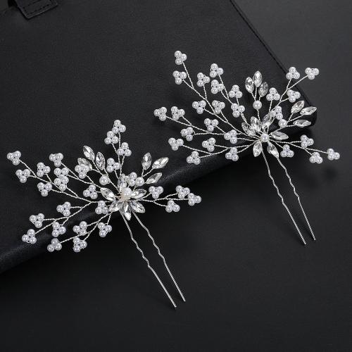 Hair Stick, Zinc Alloy, with brass wire & Crystal & Plastic Pearl, handmade, fashion jewelry & for woman, silver color 