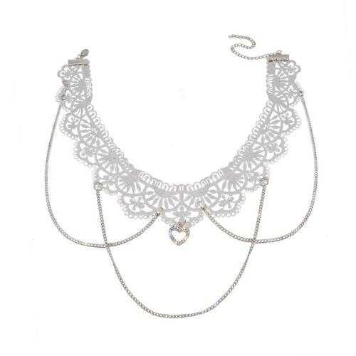 Collar Necklace, Zinc Alloy, with Lace, handmade, fashion jewelry & for woman & with rhinestone, white, Chain leader 35cm wide; 3.8cm extended chain length; 10.5cm tassel height; 6.2cm heart-shaped length and width; X1.1 1.1 cm 
