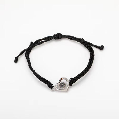 Brass Miniature Projection Bracelet, with Wax Cord, Heart, platinum plated, fashion jewelry & Unisex & with rhinestone Approx 6.7 Inch 