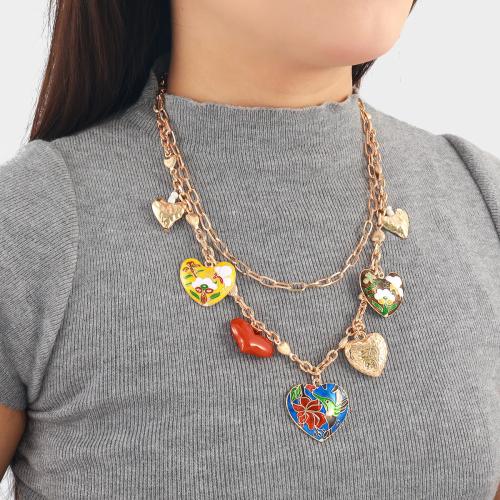 Collier de mode Multi couche, alliage de zinc, coeur, Placage de couleur d'or, bijoux de mode & émail, plus de couleurs à choisir, Vendu par fixé